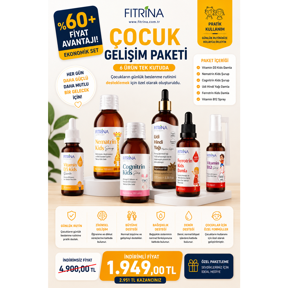 FITRİNA SEMPATİK PAKET 2 (D3 KİDS, NEMATRİN KİDS, COGNİTRİN KİDS, UDİ HİNDİ YAĞI, FERROTRİN KİDS, B12 KİDS SPREY)