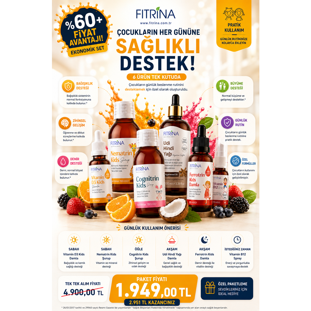 FITRİNA SEMPATİK PAKET 2 (D3 KİDS, NEMATRİN KİDS, COGNİTRİN KİDS, UDİ HİNDİ YAĞI, FERROTRİN KİDS, B12 KİDS SPREY)